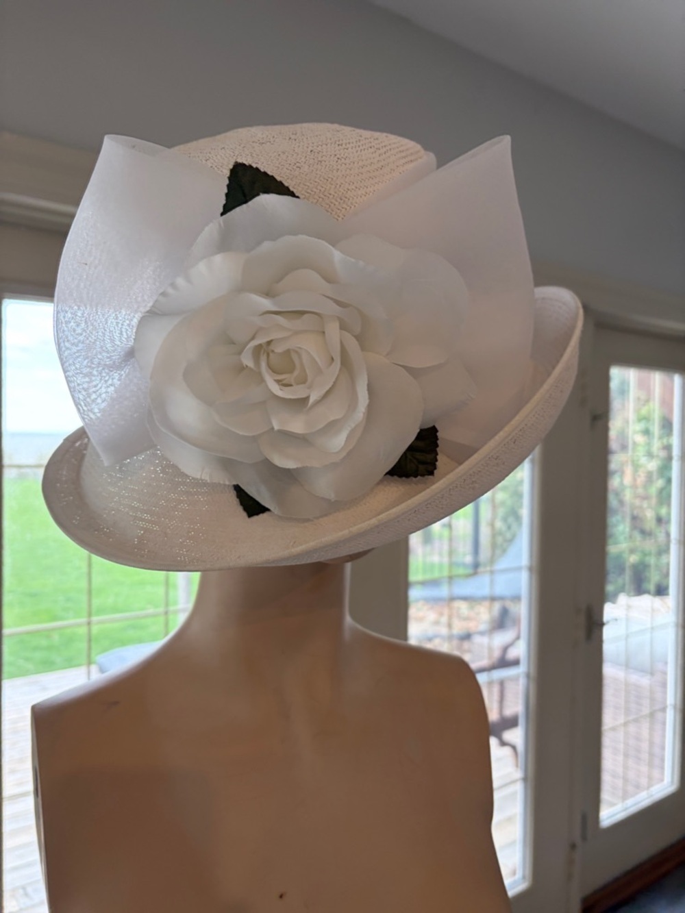 Elegant White Floral Dress Hat with Rose Accent